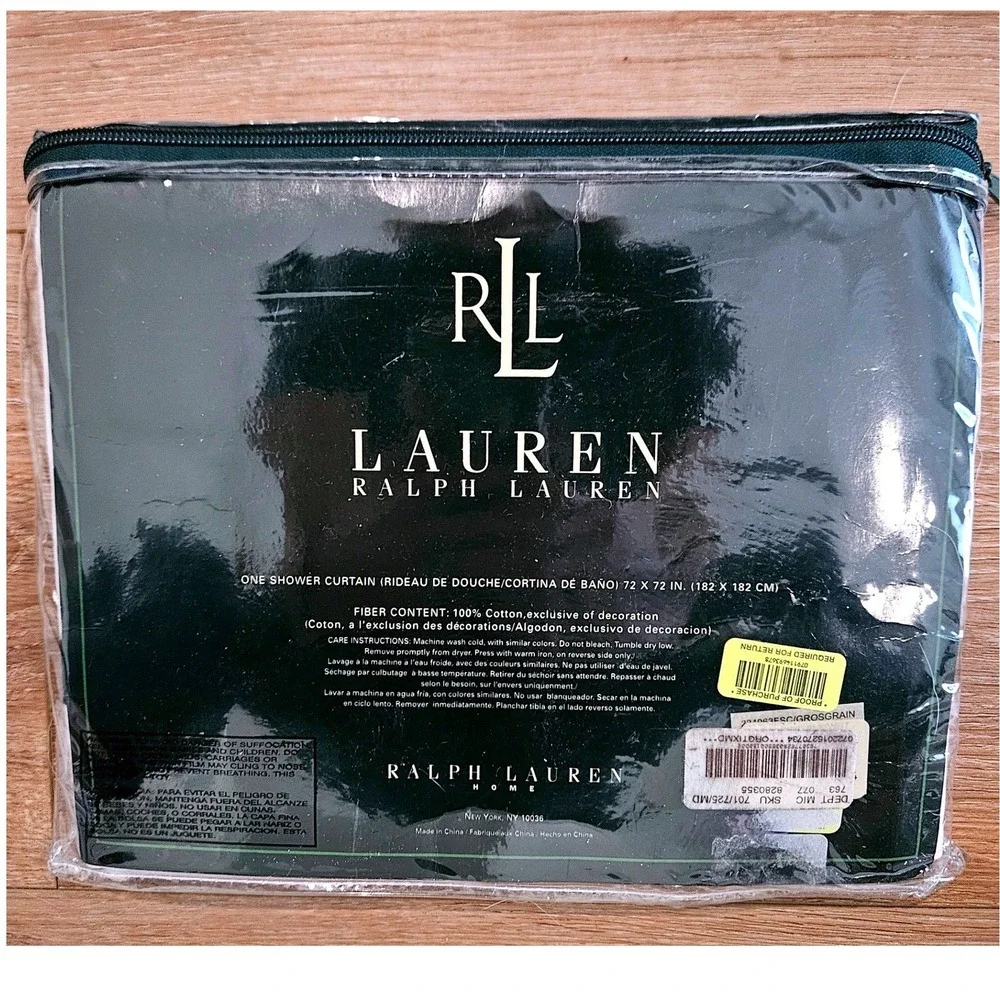 Lauren Ralph Lauren White Shower Curtain Black Grosgrain Ribbon Trim 72x72 New
